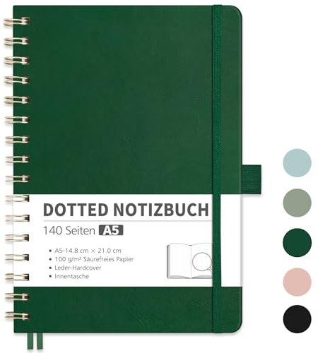 RETTACY Notizbuch A5 Dotted, Bullet Dot Journal mit 100 g/m² Dickem Papier, 70 Blatt, Notebook für Büro und Schule, Lederhülle, Lederhülle, 14.8 cm x 21 cm