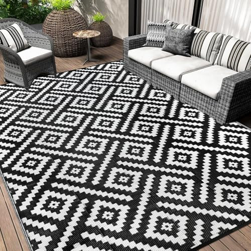 Cekene 270x365cm Alfombra de Exterior Grande Polipropileno Negro Alfombras Exterior Impermeable Lavables Alfombra Terraza Jardin para Terraza Balcón Pícnic