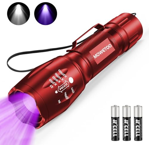 MOWETOO Taschenlampe, UV Lampe 2 in 1 Schwarzlichtlampe, 395nm Ultraviolette 4 Modi, Detektor für Unechte Banknoten, Urin von Hunde und Andere Haustiere Urin-Detektor 3 AAA Batterien 40W Rot