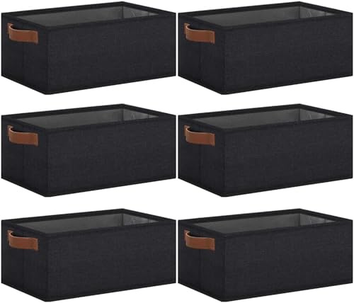 GhvyenntteS Kleine Aufbewahrungskörbe aus Stoff, 30 x 20 x 13 cm, mit Ledergriffen, Schrank-Aufbewahrungskörbe für Regale, Aufbewahrungskörbe für Regale, DVD-Aufbewahrung (schwarz), 6 Stück