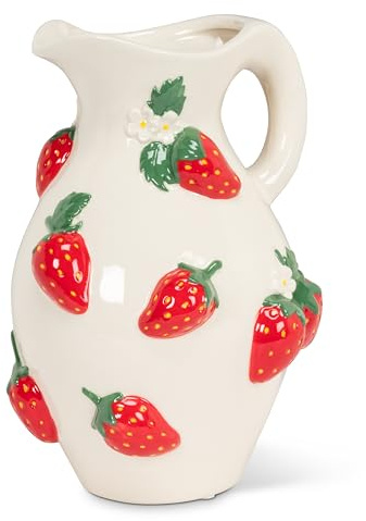 Abbott Collection Großer Krug mit handbemalten Erdbeeren – Porzellan, Elfenbein/Rot, 25,4 cm H