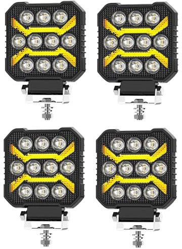 Générique 4 Phares de Travail Auxiliare Carré LED 12V 24V 17W 1700Lm Projecteur Longue Portée Feu Spot + Feu de Position Orange DRL pour Voiture Camion Poids Lourds VTT 4x4