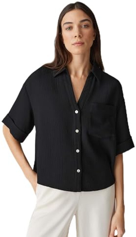 OPUS Damen Kurzarmbluse | Hemdbluse Fiora Loose im Crinkle-Look Black, 42
