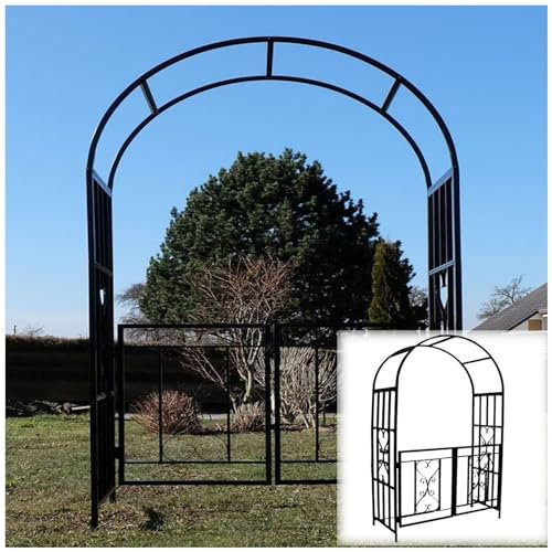 Sturdy 114cm x 210cm Black Metal Garden Arch Arbor with Double Doors & Locking Gate - Elegant Wedding Trellis for Climbing Vines, Heart Motifs, Perfect for Indoor/Outdoor Use