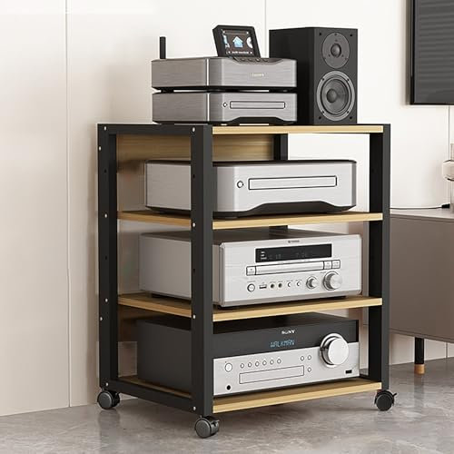 AV Media Stand, Stereo Cabinet, Audio Rack with Adjustable Shelves, 3/4 Tier Movable Record Player DVD CD Audio Rack Tower Holder for Meeting, Living, Recording Room(Natural,50x40x70cm/20x16x28in)
