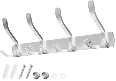 Sevenpers Porte Manteau Mural Patere Murale avec 4 Crochets Triples Argent Haute Capacité de Charge Durable et Résistant Gain de Place Optimal pour Entrée, Chambre, Salle de Bain, Cuisine