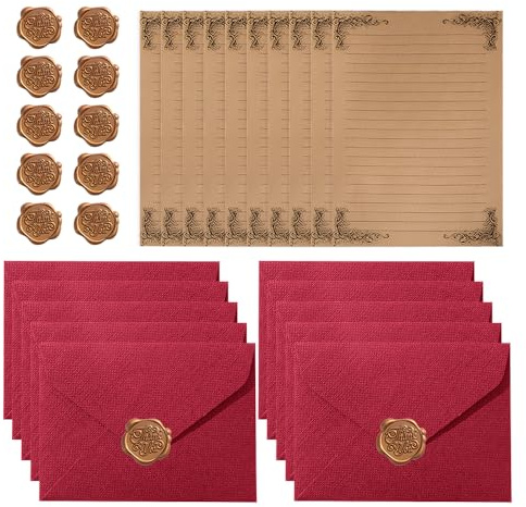 HMCEY 10 Stück Briefpapier Vintage mit Umschlag Set,Schreiben mit Schreibpapier und Briefumschläge,Letter Paper and Envelope Set,Altes Papier mit Wachssiegel Aufkleber,Stationery Set für Liebesbrief
