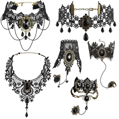 WangVipfei Gothic Schmuck, 6 Teile Set, Choker Damen und Handschmuck, Mittelalter Kleidung Damen, Gothic Kleidung Damen, Punk, Halloween Kostüm, Mittelalter Schmuck,