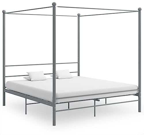 QJBSAVVA Himmel Bett Grau 180x200 Metall Bettgestell mit Vorhang Stange Modernes Design Robust und Langlebig Lattenrost für Schlafzimmer Gästezimmer und Jugendzimmer