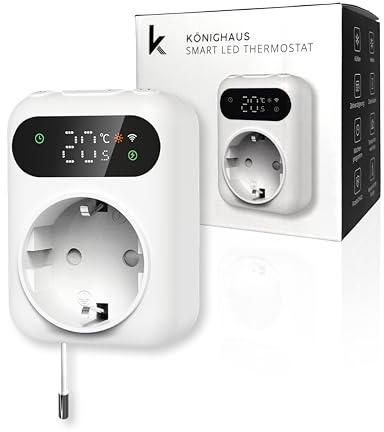 Könighaus Infrarot Smart LED Thermostat - WLAN Steckdosen-Thermostat 16A für Heizung & Kühlung - App-Steuerung, Wochenprogramm, Zeitschaltuhr, Frostschutz - inkl. Fühler – kompatibel mit Alexa & Tuya