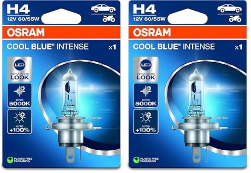OSRAM COOL BLUE INTENSE H4, +100% di luminosità in più, fino a 5.000 K, lampada frontale alogena, aspetto LED, blister singolo (1 lampada) (Confezione da 2)