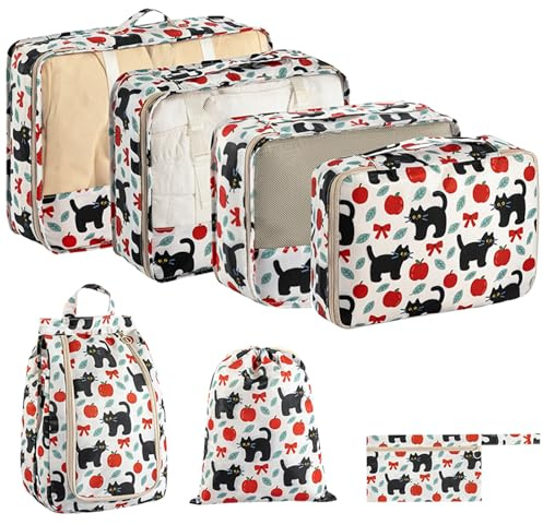 Packwürfel für Reisen 7er-Set Gepäck Organizer Taschen Netz Reise Packorganizer Haltbare Koffer Organizer Taschen Set (Apfel Katze)
