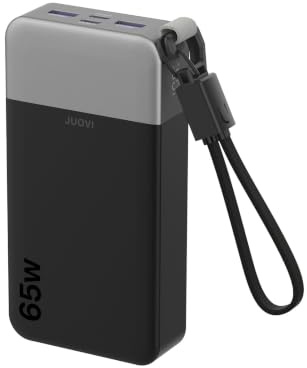 JUOVI Laptop Power Bank, 65W 20000mAh Schnellladung Powerbank | Angebrachtem USB C Kabel, Tragbarer Ladegerät 2 USB-C und 2 USB-A, Externer Akku für Phone Laptop MacBook Tablet Notebook