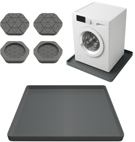 GEZVCMO 68.5cm x 68.5cm Washer Tray for Floor Protection, Washing Machine Drain Pan Silicone Mat with 4Pcs Anti Vibration Pads for Dryer, Washer, Refrigerator