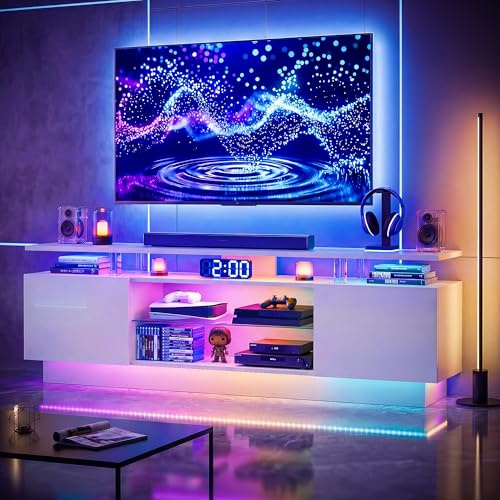 Nordivale 180cm High-Glossy TV Stand with 2 Side Cabinets, Modern Stylish TV Console with 3 Layer LED Lights,Gaming TV Media Console with Adjustable Glass Shelf, Remote&APP Control, White