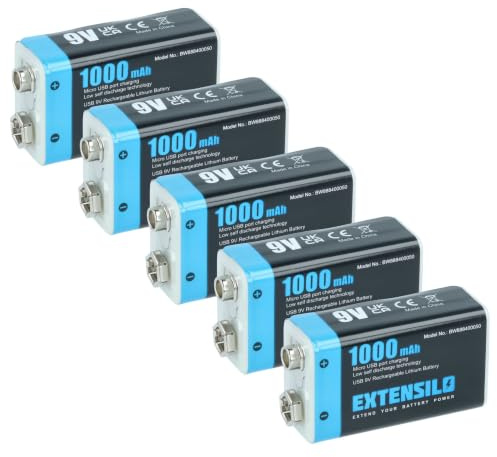 EXTENSILO 9V-Akku Block Ersatz für Daitem BATV13 (1 Ah, 9 V, Li-Ion) | ready-to-use, mit Micro USB Buchse