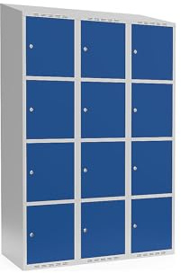 kaiserkraft | 4er-Schließfachschrank Fydor | 3 Abteile | lichtGrau/Enzianblau | B 1200 mm | schräge Dachform | Zylinderschloss