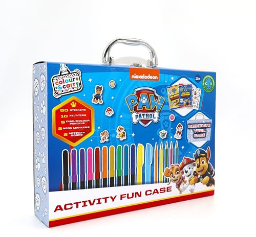 Bookoli - PAW Patrol Activity Fun Case - Colour & Carry Kit - 2 Activity Books - 10 Felt-Tip Pens - 50 Stickers - 2 Neon Markers - Customisable Case - Gifts for Boys and Girls Ages 3 to 5 Years