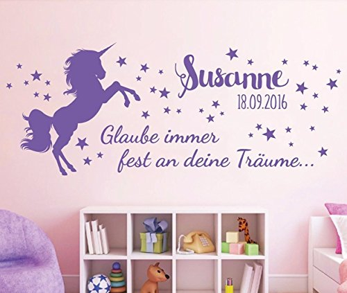 tjapalo® 100x39cm pkm206 Wandtattoo Kinderzimmer Baby Geburt Wandtattoo Mädchen Pferd Sterne glaub immer an deine Träume Mädchenzimmer Datum Name Wunschname