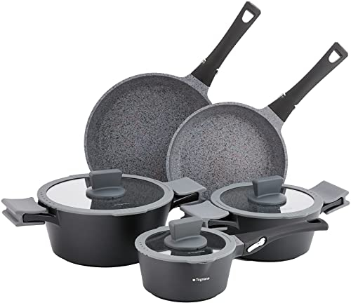 Tognana Ambiziosa, Batteria di pentole e padelle, Set con 2 padelle, 3 casseruole, 3 coperchi in vetro, 8 Pezzi, Alluminio, Nero