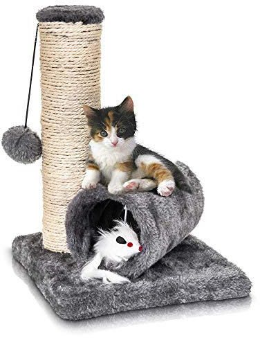 Petlicity ® Cat Tree Scratch Post and Tunnel - Small Cat Kitten Sisal Scratch Post Toy with Tunnel Play Mouse Pet Activity Centre Bed Sharpen Claws Fur for your Furry Friend (Grey)