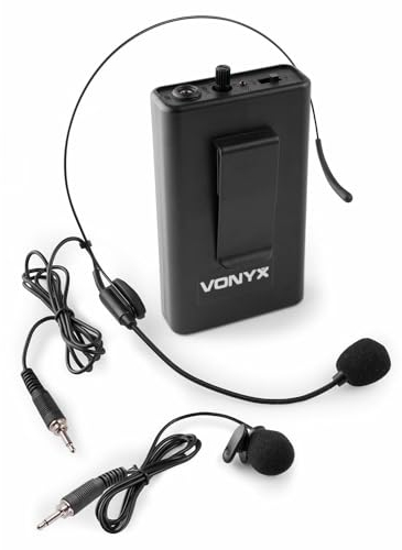 Vonyx BP12 Petaca Transmisora con Microfono Inalambrico Diadema y Microfono Solapa Incluidos, Petaca para Microfono Karaoke, Animaciones, Microfono Reuniones, Conferencias, Actuación Musical