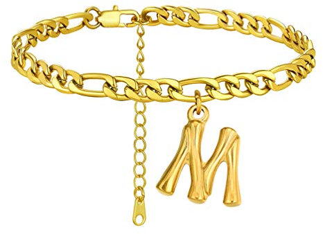 PROSTEEL Damen Fußkettchen mit Initiale Anhänger 18k vergoldet Buchstabe M Charm mit 22+5cm Figarokette schicke Strand Fußkette für Mädchen Sommer Fuß Schmuck Accessoire