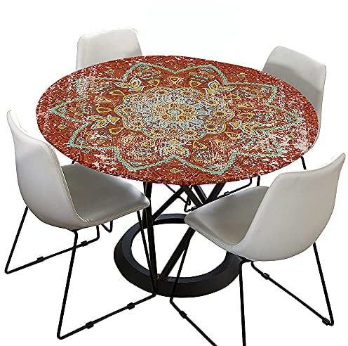 Morbuy Tischdecke Outdoor Rund 180 cm, Elastisch Rund Abwaschbar Tischdecken Wasserabweisend Lotuseffekt Garten Tischdecke Rot Mandala Table Cloth, Ideal für 160cm-170cm