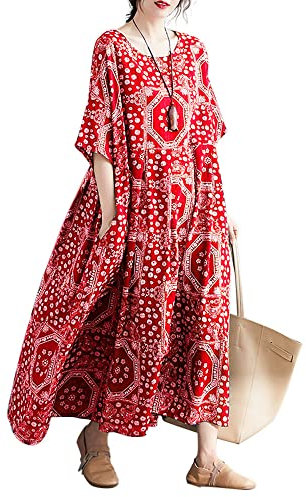 Versear Womens Cotton Linen Maxi Dresses Short Sleeve Boho Casual Swing Beach Kaftan Dress with Pockets, Style 20, One Size