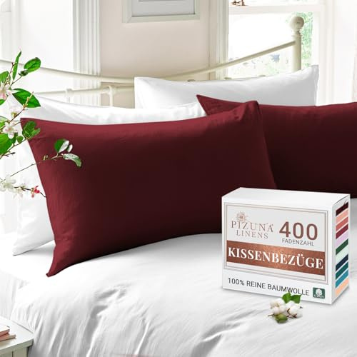 Pizuna 2er Pack Kissenbezug 40x80 cm Baumwolle Rio-Rot 400 Fadenzahl | Luxuriöser Soft-Satin 2er Pack Kissenbezüge, 100% Langstapel Baumwolle Nur Kissenbezug (Rio-Rot,40x80 cm) Mako Satin