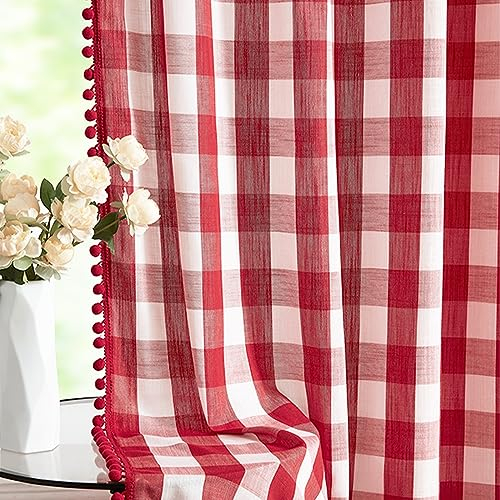 Treatmentex Rot Weiß Buffalo Kariert Gardinen mit Kräuselband Vorhang Halbtransparente 135CM Breite Gardinen Landhausstil für Bauernhaus,Schlafzimmer,Wohnzimmer-2 Stück(Rot Weiß,135x180cm)
