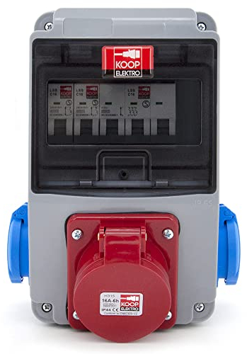KOOP Elektro 6 Module Stromverteiler Wandverteiler Verteilerkasten mit 2x230V Schuko + Leitungsschutzschalter 2x LS, 1xCEE 16A + LS, Verdrahtet, Anschlußfertig, für Baustelle