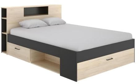 Vente-unique - Lit avec tête de lit rangements et tiroirs - 140 x 190 cm - Coloris : Naturel et Anthracite - Leandre