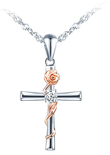 MICSAVI Collier Boucles d'oreilles croix et de roses pour femme fille, parures de bijoux en argent 925, ensembles de bijoux croix avec zircon, argent avec or rose