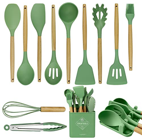 Juego de utensilios de cocina,13 juegos de silicona de cocina resistente al calor, con bandeja, juego de espátula de cocina con mango de madera (verde aguacate)