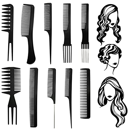 10 Stücke HaarKamm Set, Hair Styling Kämme-Friseur-Hairdressing Stylists Barbers Schwarz Stielkamm Zubehör Geräte Set, Schwarz Feiner Kamm/Breiter Kamm für Männer und Frauen