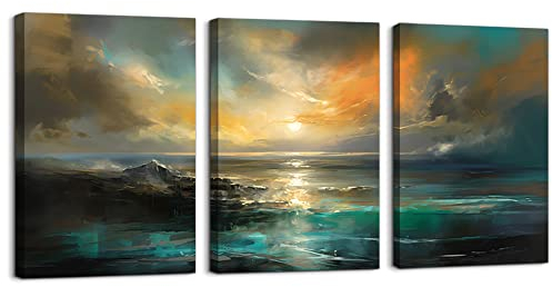 PIY PAINTING Abstraktes Meer Leinwandbilder 3er Bilder Landschaft Ölgemälde Kunstdrücke auf Leinwand Sonnenuntergang Wand dekoration Design Wand Bild mit Innenrahmen für Schlafzimmer Home Deko 30x40cm
