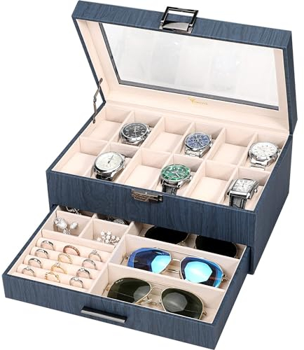 Voova Watch Boxes Organiser Jewellery Box for Men Women,2 Layer Large 12 Slot PU Leather Watch Storage Case,Glass Top Jewelry Display Holder for Watches Sunglasses Rings Necklaces Bracelets,Blue