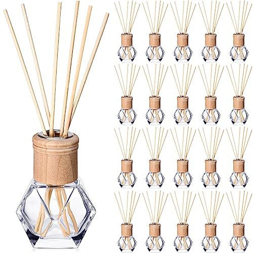 Roshtia 20 Set Reed Diffuser Bottle Empty Refillable Fragrance Glass Diffuser Bottles Set with Wooden Caps Rattan Sticks 50ml 1.7 oz Irregular Glass Jars for DIY Fragrance