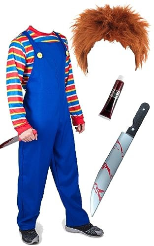 Mega_Jumble Adult Men's Evil Puppet Costume Horror Movie Halloween Chucky Fancy Dress Outfit | Evil Doll Top, Dungarees, Ginger Wig, Bloody Knife, Fake Blood - Scary Nightmare Killer Set (L)