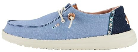 HEYDUDE Wendy Chambray Boho Damen, Slippers | Chambray-Obermaterial mit Waffelstruktur-Absatz, Elastische Schnürsenkel, Easy-On-System und Schaumstoffsohle