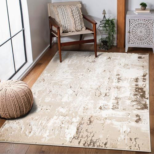 renoazul® Soft Pile Washable Unique Mat, 3 ft 11 in x 5 ft 7 in, 120 x 170 cm, Abstract Beige, Turkish Pattern Area Rugs for Bedroom, Living, Boys and Study Room