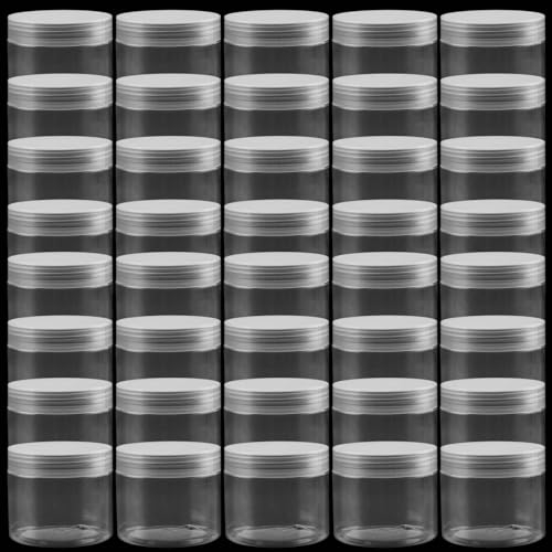PINGEUI 42 Pack 150ml Clear Cosmetic Jars with Lids, Round Empty Sample Pots, Wide Mouth Plastic Container for Spice, beans, Makeup, Grains, Crafts