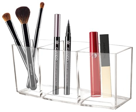 Zimoer Acryl Stifthalter, Klarer Bleistifthalter Schreibtisch Organizer,Stifte Halter Transparent, Quadratischer Stiftehalter, Make Up Pinselhalter, für Büro, Schule, Haushaltsbedarf (3 Fächern)