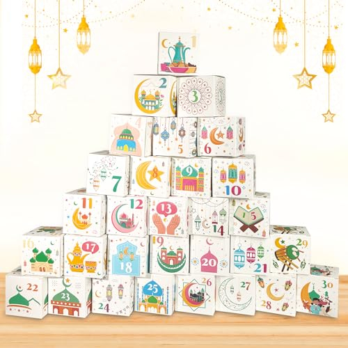 TZEKING 30 Stück Ramadankalender zum Befüllen,Eid Mubarak Geschenkboxen,7.5x7.5x7.5cm,Ramadan Dekoration Papierschachtel,Eid-Geschenkboxen mit digitalen Mustern,Islamische muslimische Dekoration