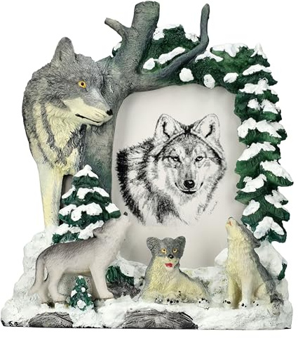 Figuren Shop GmbH Handbemalter Bilderrahmen mit Wolfsdesign - Winterliche Szene, 23.5cm Höhe, für 15x10cm Fotos