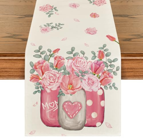 Artoid Mode Tulpen Nelken Blumenvase Eukalyptus Muttertag Tischläufer, Saisonnal Küche Esstisch Dekoration Drinnen Urlaub Party Dekor 40x140 cm