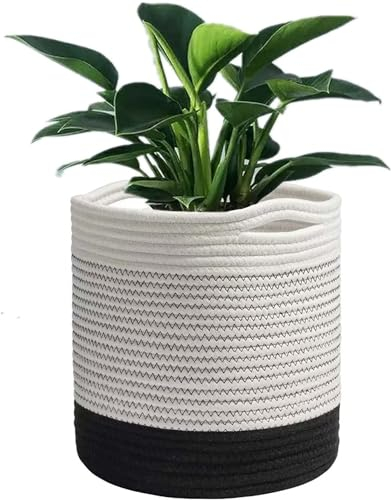 KMERCE Grand Pot de Fleurs Tressé, Cache Pot Plante Interieur, Panier à Plantes en Corde de Coton pour décoration Intérieure, Panier de Rangement pour Jouets, Vêtements - Diamètre 30cm (Blanc+Noir)