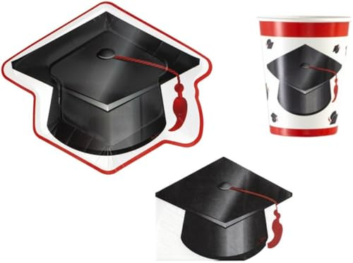 Kit coordinato tavolo LAUREA - MONOUSO BIODEGRADABILE Rosso e NERO - per festa party del LAUREATO o della LAUREATA (8 piatti + 8 bicchieri + 16 tovaglioli)
