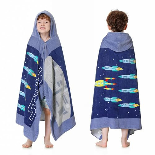 MOKANI Badeponcho Kinder Baumwolle | Super Weich & Saugfähig Handtuch Poncho | 50 x 30 Badetuch Strandponcho Kapuzenhandtuch für Mädchen Jungen Alter 3-12, Blaue Rakete
